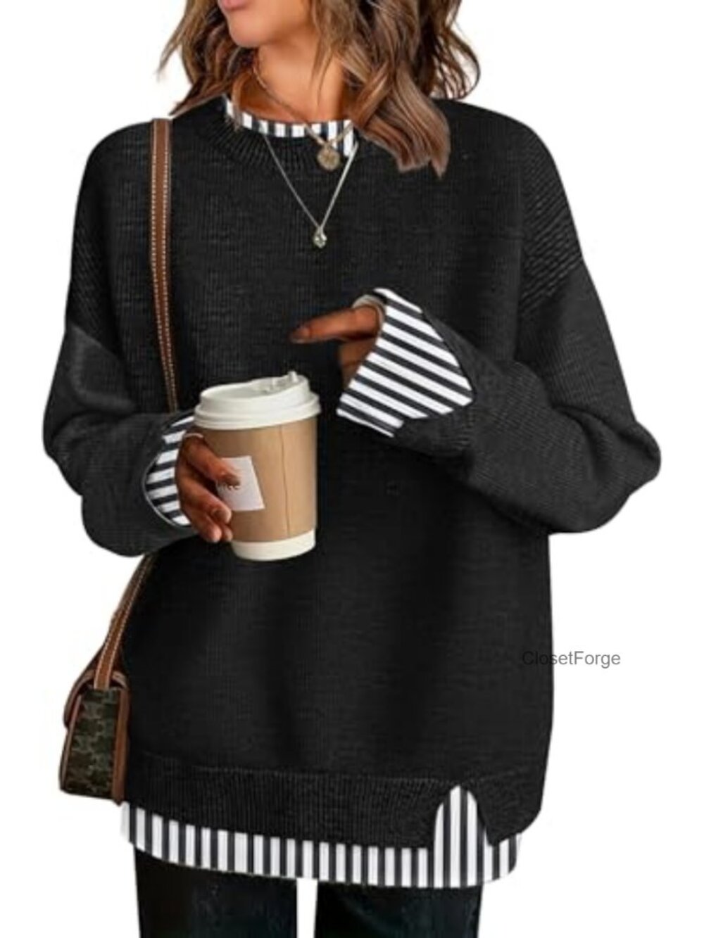 Oversized Patchwork Crew Neck Knit Pullover Long Sleeve Fall Winter Sweater
